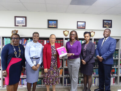 Pictured L-R: Mrs. Dawn Burrows, The Registrar; Mrs. Gayvelle Davis, Librarian; Dame Anita Allen; Mrs. Tonya Bastian Galanis, Principal; Mrs. Nicole Sutherland-King, Director Legal Aid Clinic; and Mr. Darron Ellis, Course Director – Civil Procedure and Practice II and Law of Remedies.